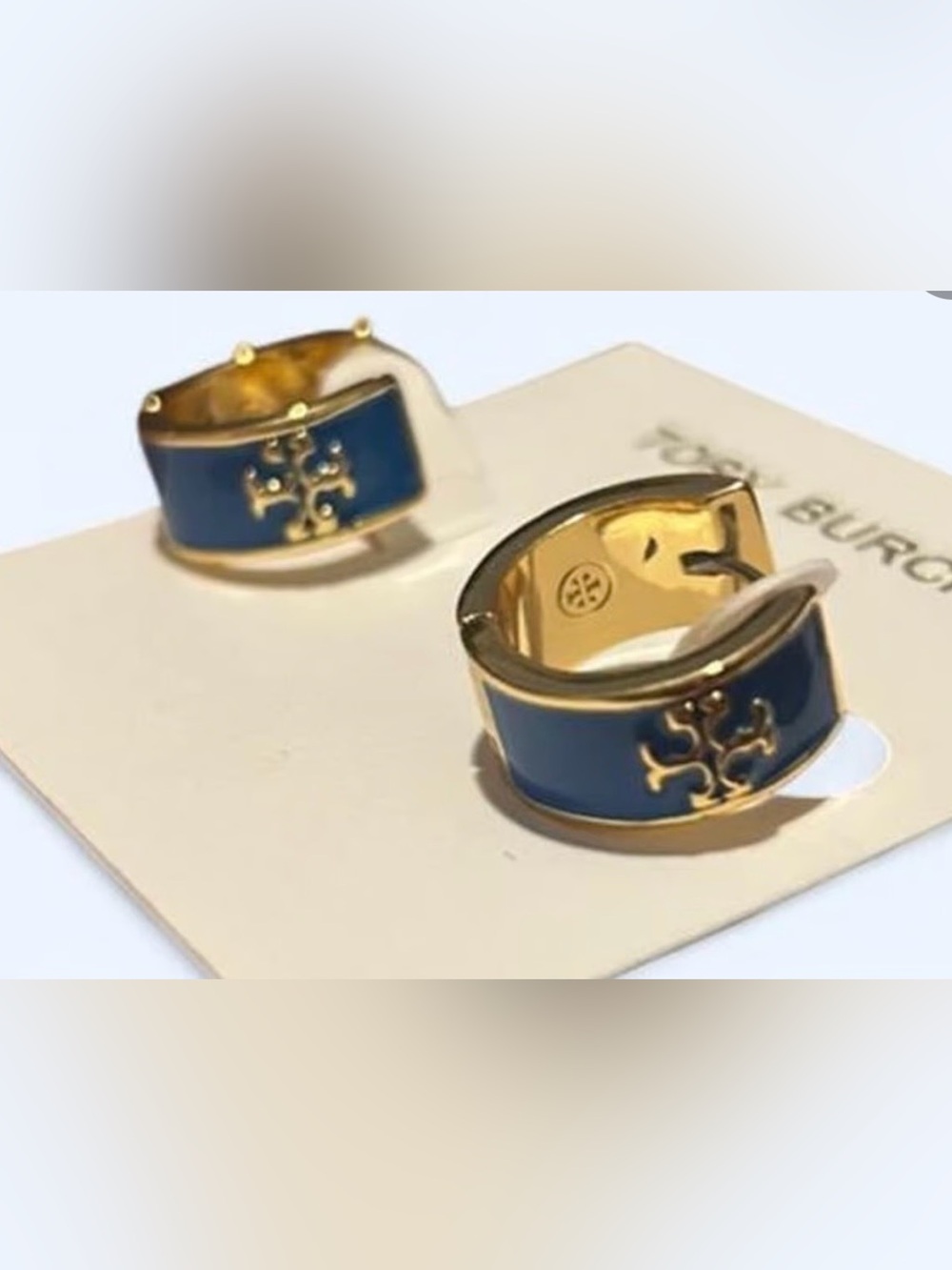 Tory Burch Gold-Tone and Teal Enamel Hoop Huggie Earrings New - Picture 6 of 6